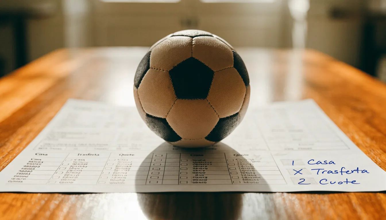 Un pallone da calcio appoggiato su una schedina bianca su un tavolo di legno, alla luce del giorno