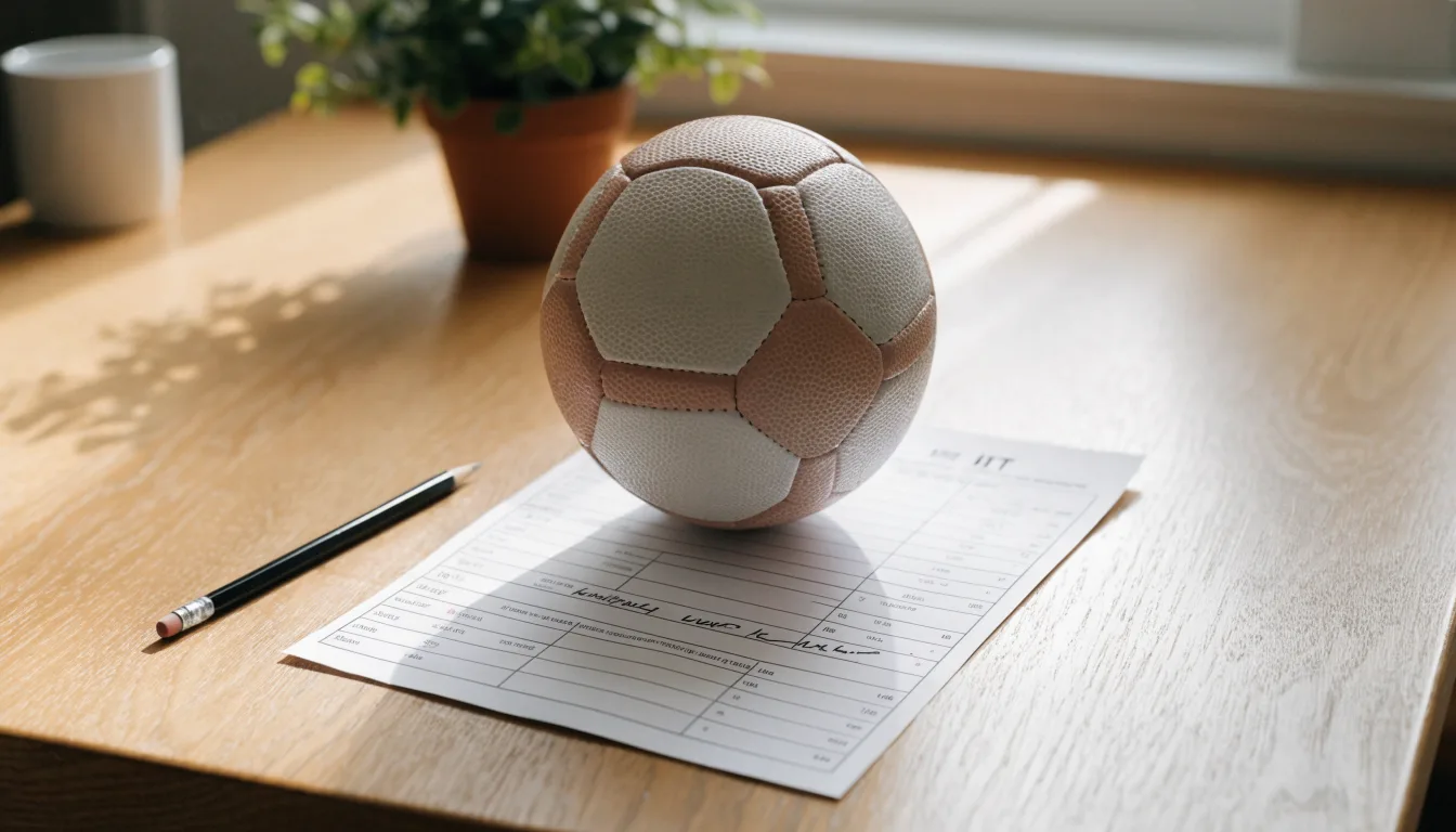 Un pallone da calcio appoggiato su una schedina bianca su un tavolo di legno, alla luce del giorno
