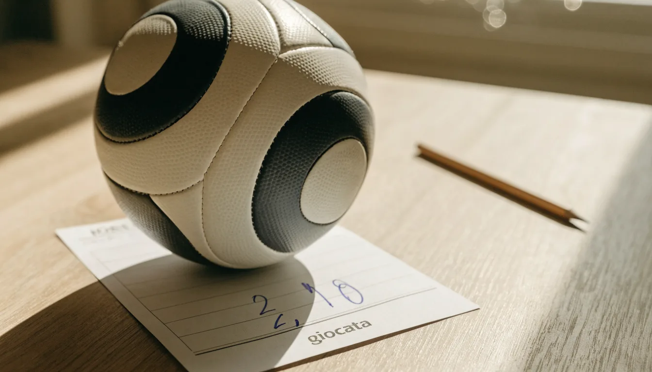 Un pallone da calcio appoggiato su una schedina bianca su un tavolo di legno, alla luce del giorno