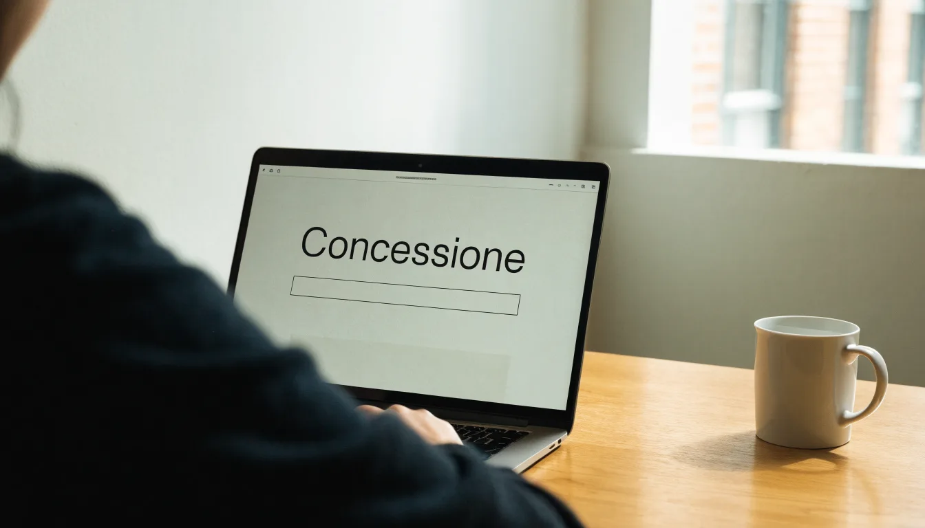 Un foglio di concessione in carta con un timbro rosso, appoggiato su una scrivania di legno accanto a una penna