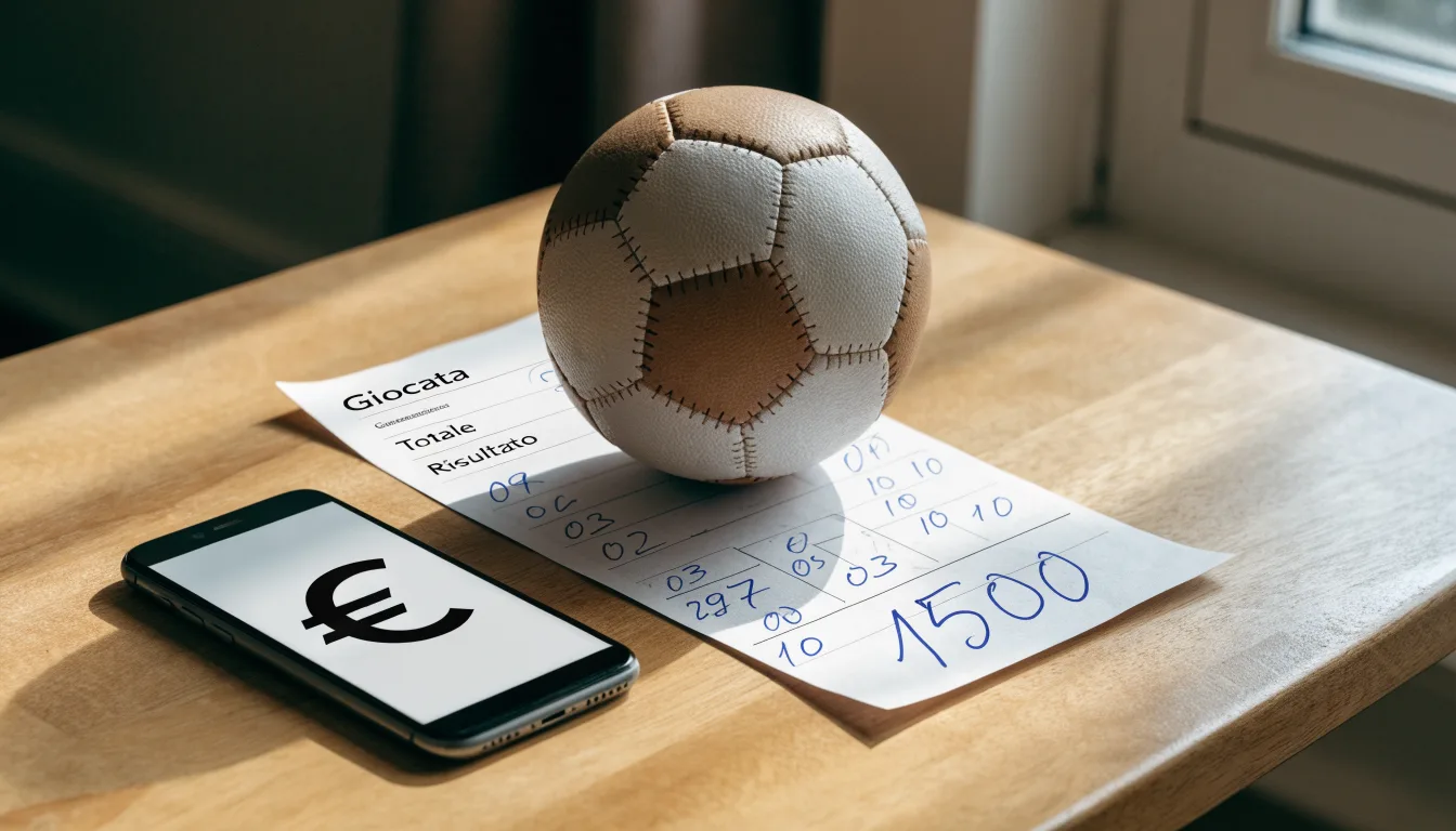 Un pallone da calcio appoggiato su una schedina bianca su un tavolo di legno, alla luce del giorno