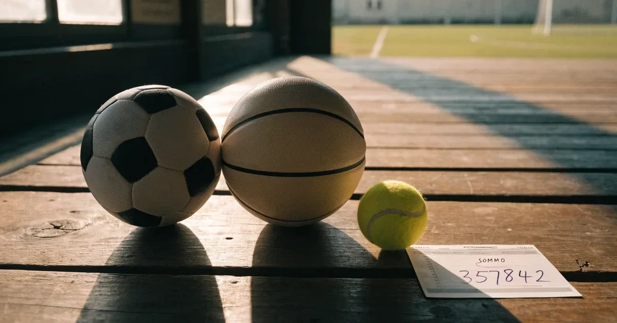 Tre palloni di sport diversi allineati uno accanto all'altro su una panca di legno