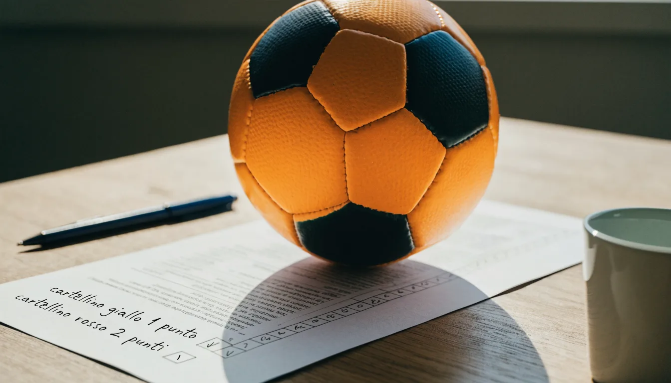 Un pallone da calcio appoggiato su una schedina bianca su un tavolo di legno, alla luce del giorno