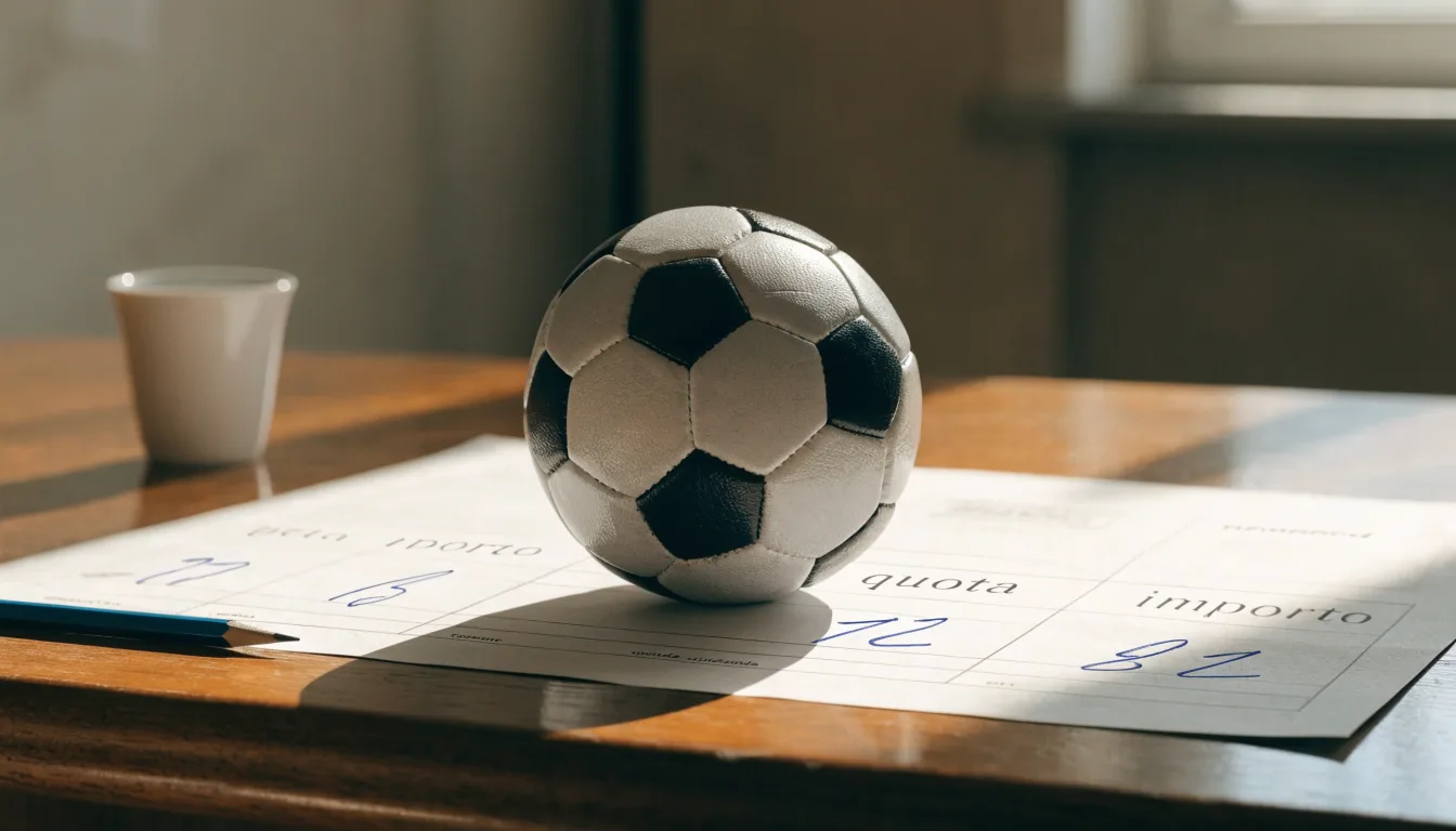 Un pallone da calcio appoggiato su una schedina bianca su un tavolo di legno, alla luce del giorno