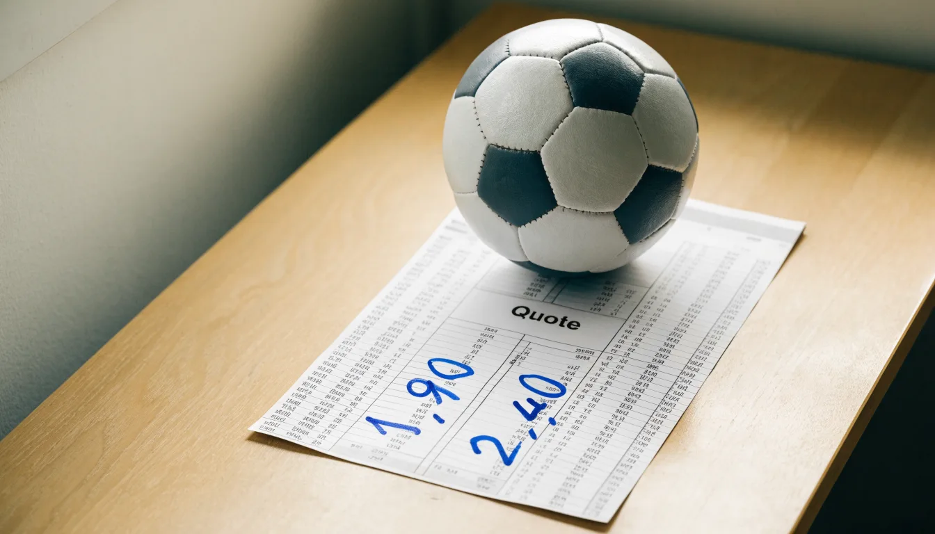 Un pallone da calcio appoggiato su una schedina bianca su un tavolo di legno, alla luce del giorno