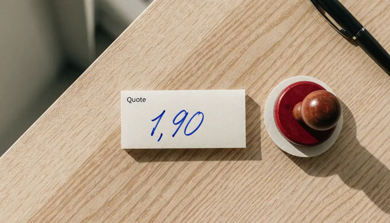 Un foglio di concessione in carta con un timbro rosso, appoggiato su una scrivania di legno accanto a una penna