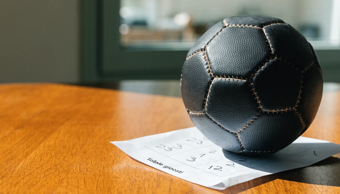 Un pallone da calcio appoggiato su una schedina bianca su un tavolo di legno, alla luce del giorno