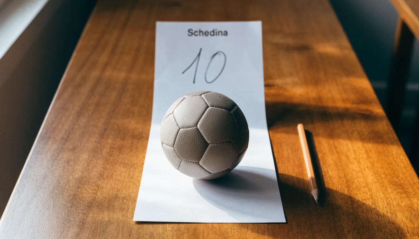 Un pallone da calcio appoggiato su una schedina bianca su un tavolo di legno, alla luce del giorno