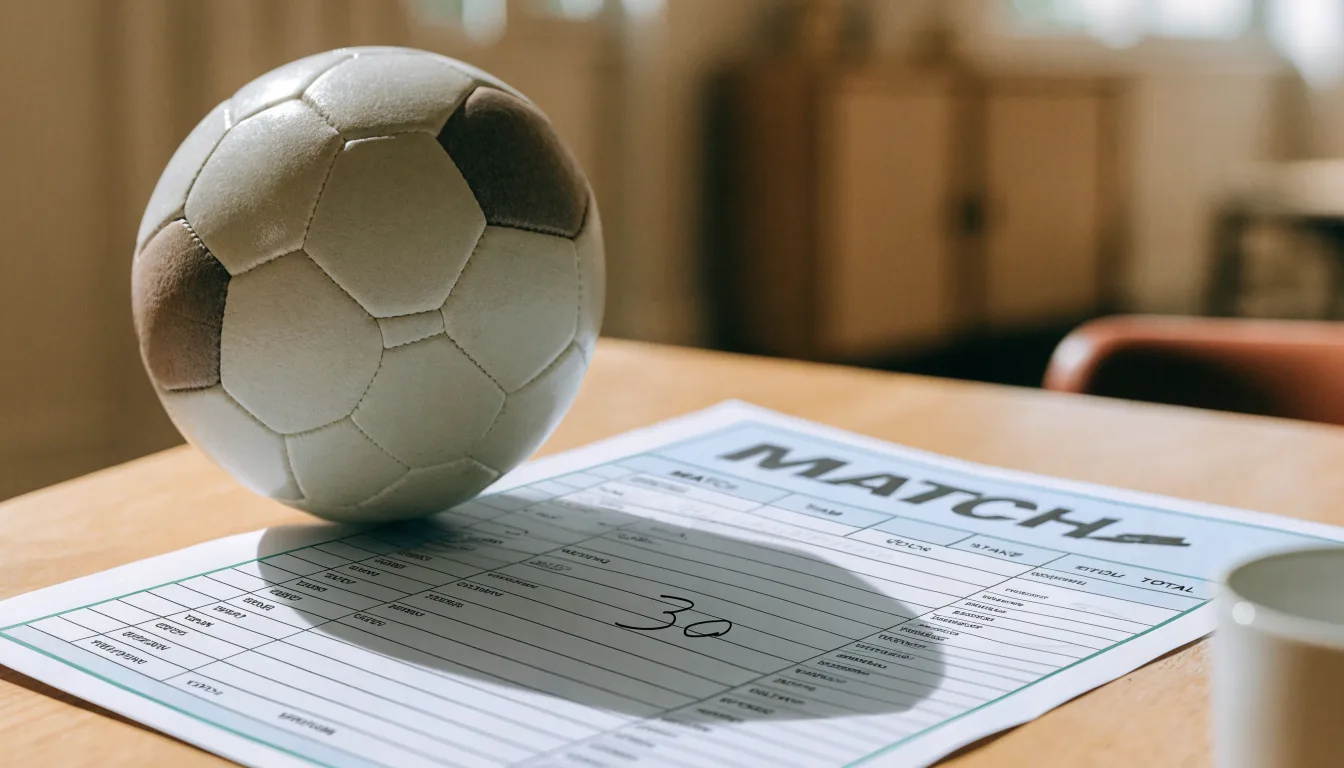 Un pallone da calcio appoggiato su una schedina bianca su un tavolo di legno, alla luce del giorno
