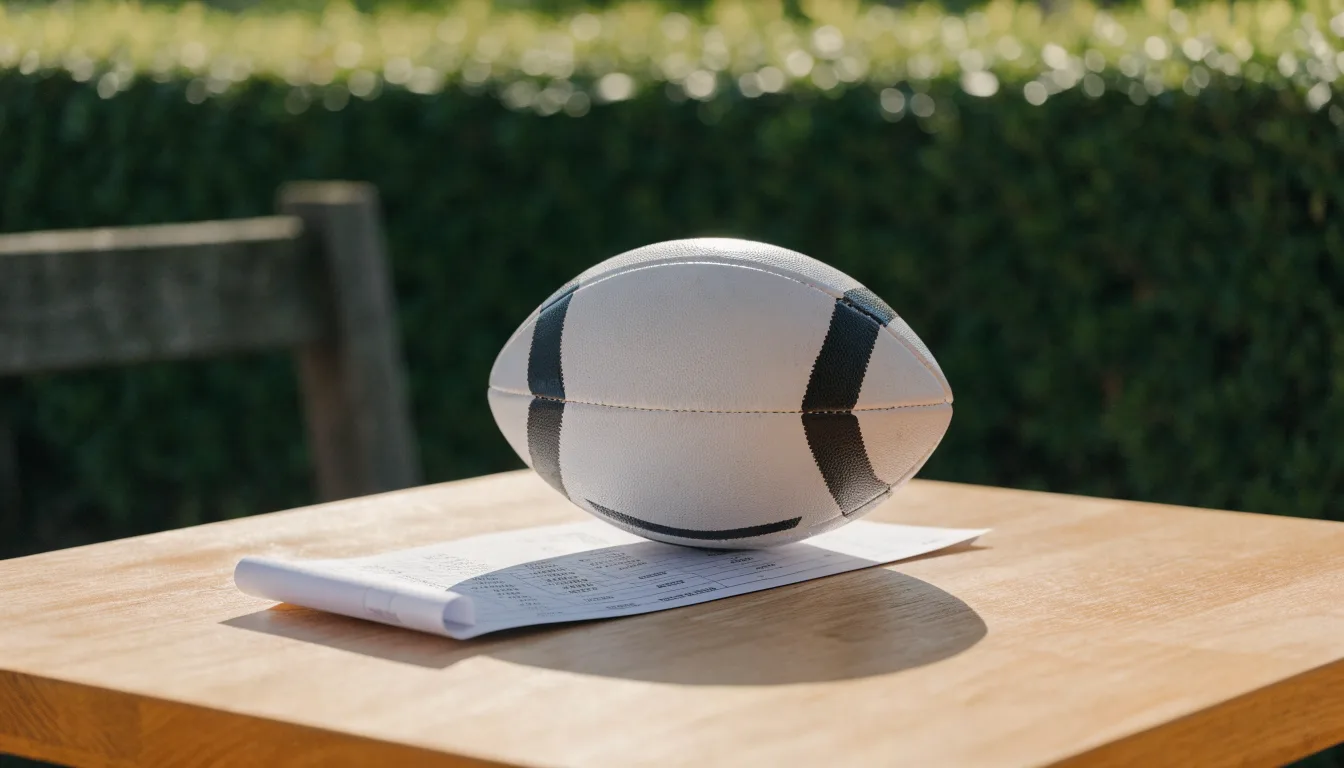 Un pallone da calcio appoggiato su una schedina bianca su un tavolo di legno, alla luce del giorno