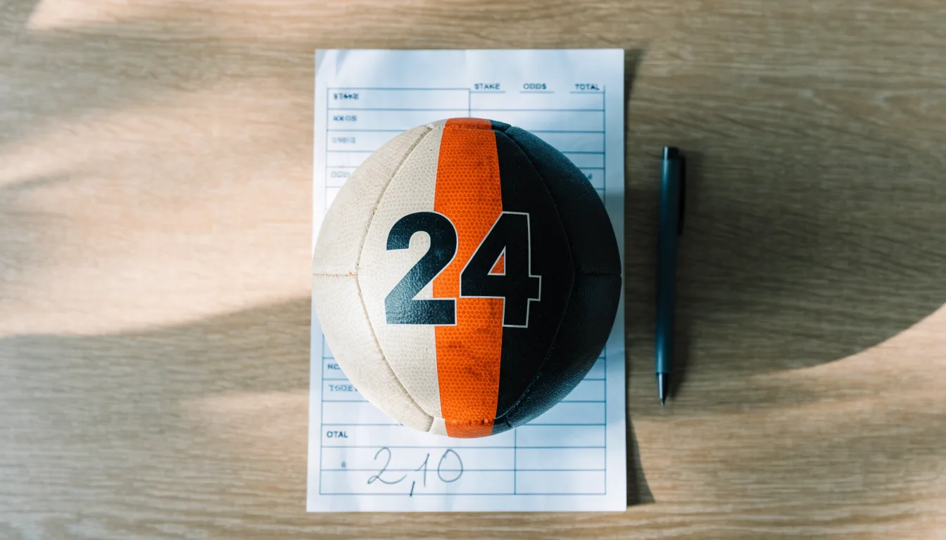 Un pallone da calcio appoggiato su una schedina bianca su un tavolo di legno, alla luce del giorno