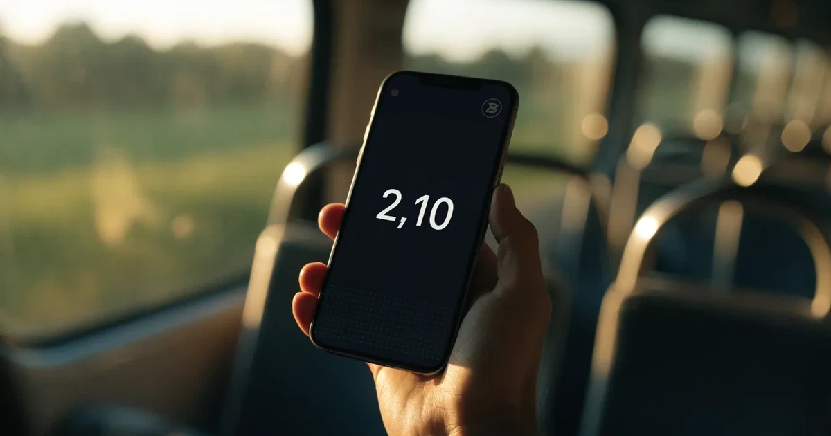 Una mano che tiene uno smartphone con una scommessa sullo schermo, su un treno nel tardo pomeriggio