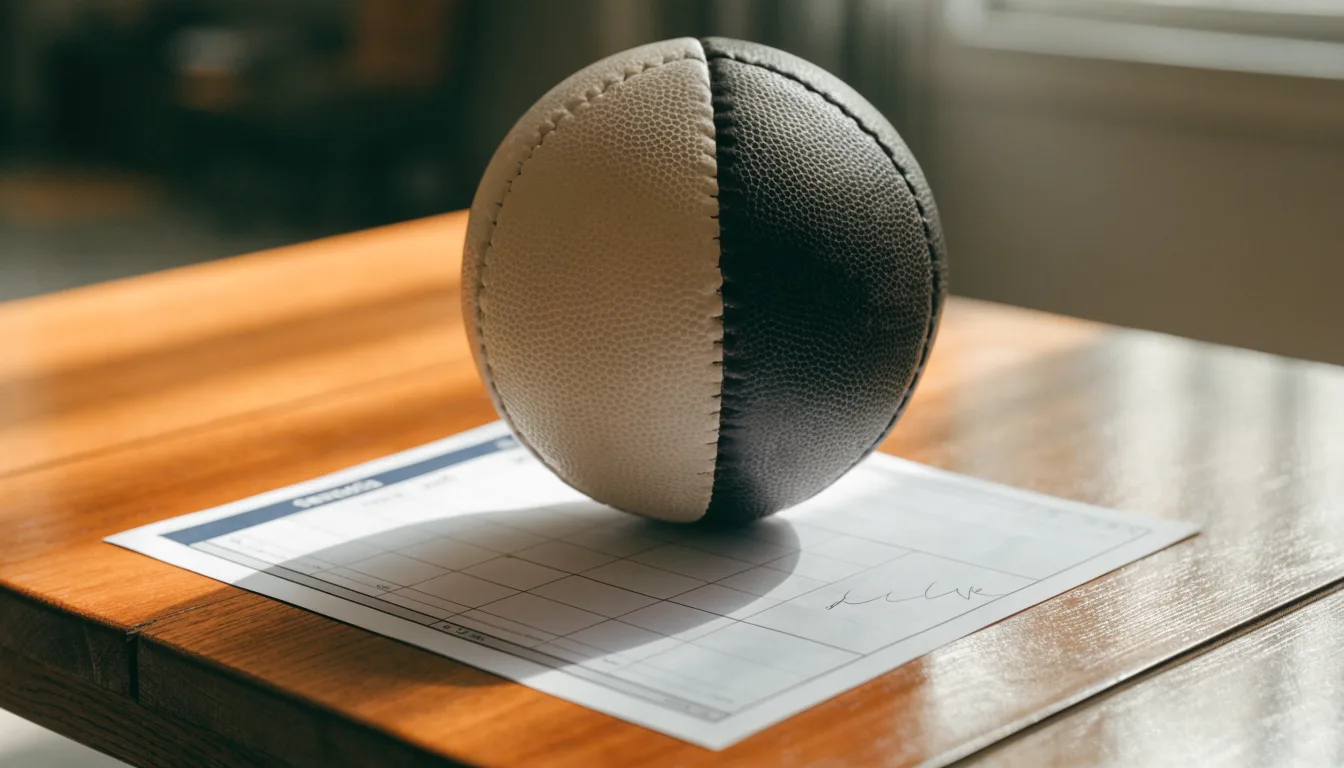 Un pallone da calcio appoggiato su una schedina bianca su un tavolo di legno, alla luce del giorno