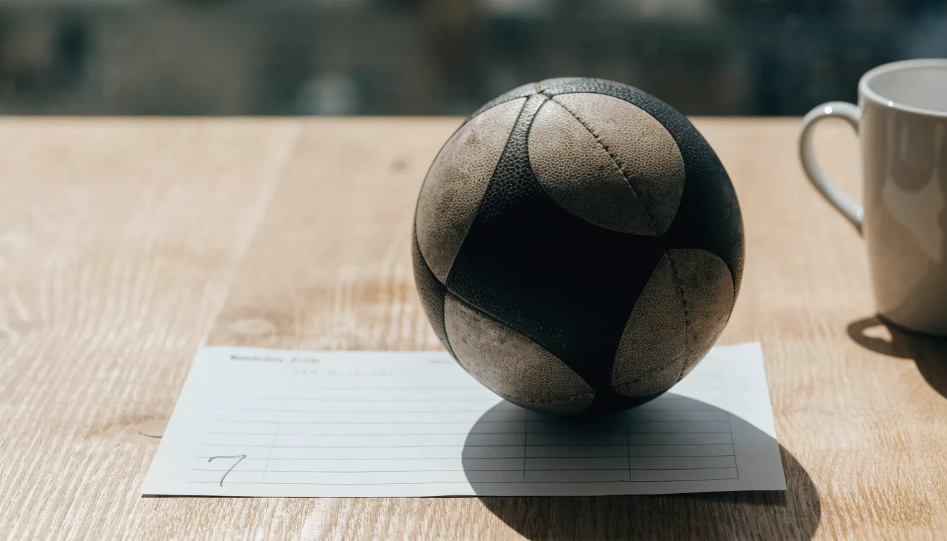 Un pallone da calcio appoggiato su una schedina bianca su un tavolo di legno, alla luce del giorno