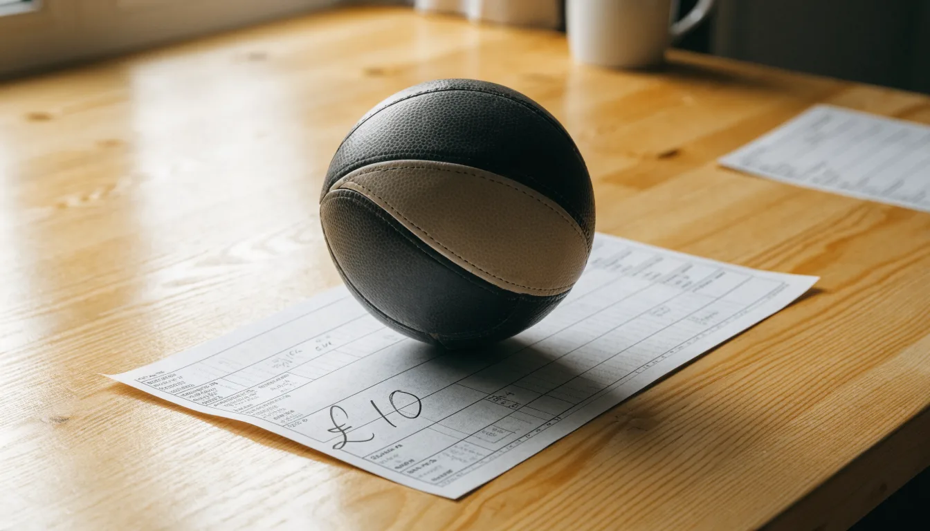 Un pallone da calcio appoggiato su una schedina bianca su un tavolo di legno, alla luce del giorno