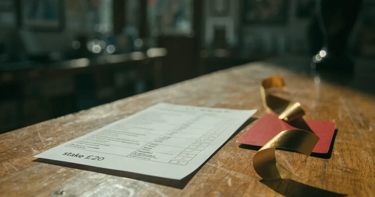 Un biglietto regalo con un nastro dorato accanto a una schedina su un bancone di legno