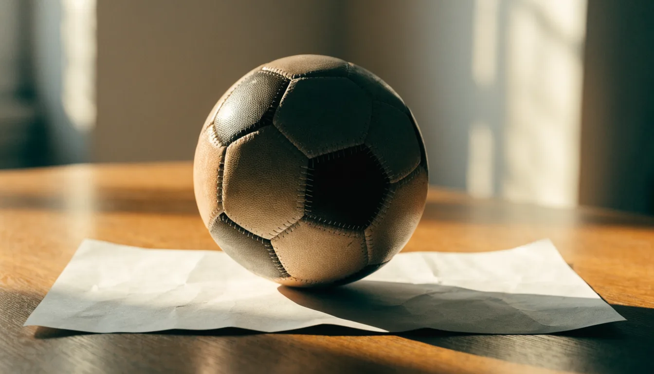 Un pallone da calcio appoggiato su una schedina bianca su un tavolo di legno, alla luce del giorno