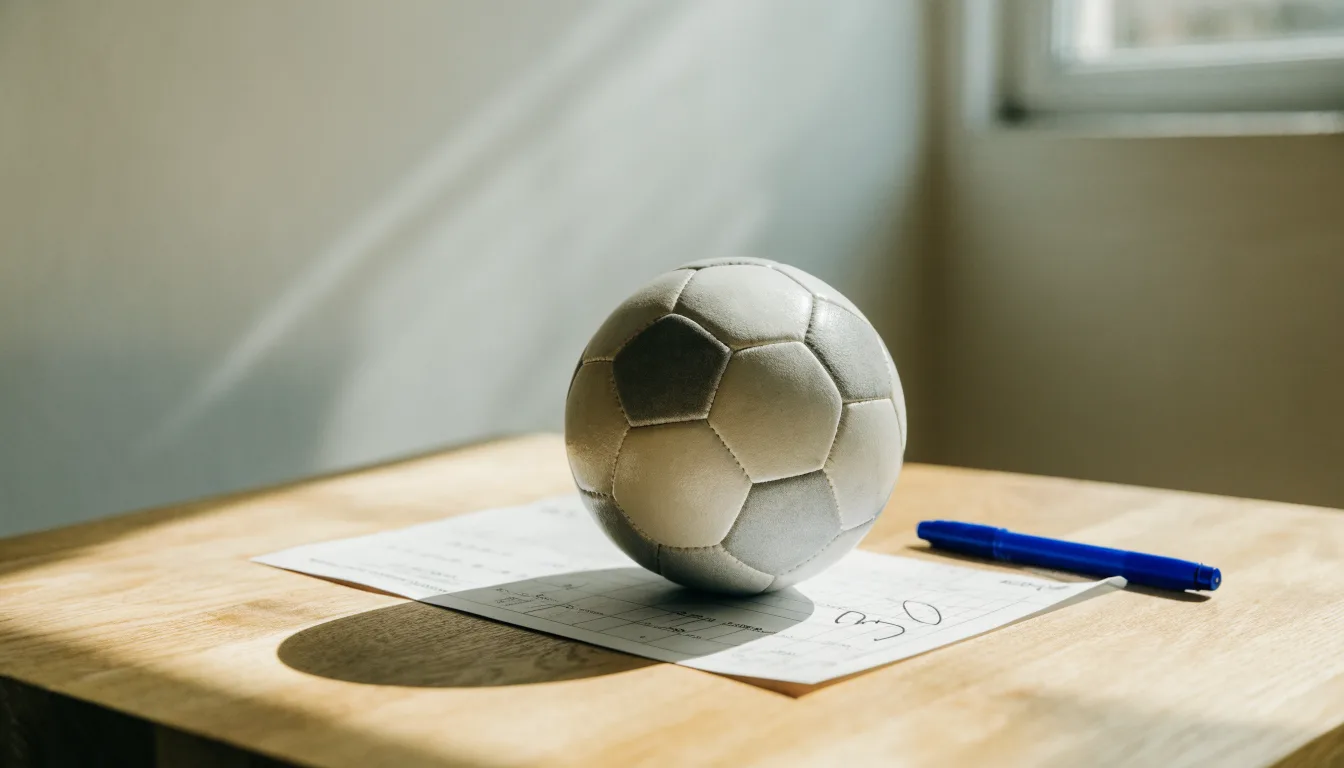 Un pallone da calcio appoggiato su una schedina bianca su un tavolo di legno, alla luce del giorno