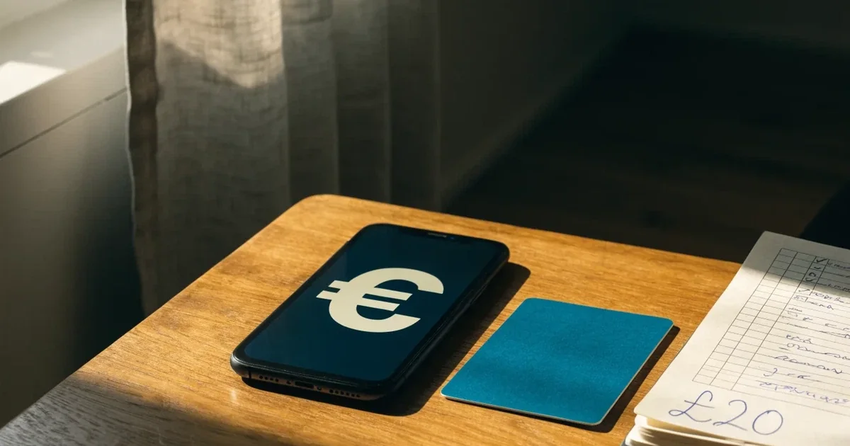 Uno smartphone e una carta di pagamento affiancati su un tavolo di legno, con alcune banconote da euro accanto