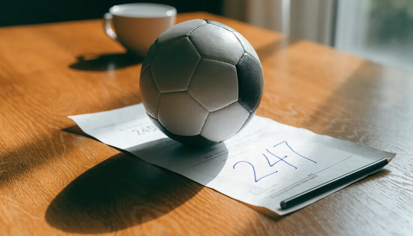 Un pallone da calcio appoggiato su una schedina bianca su un tavolo di legno, alla luce del giorno
