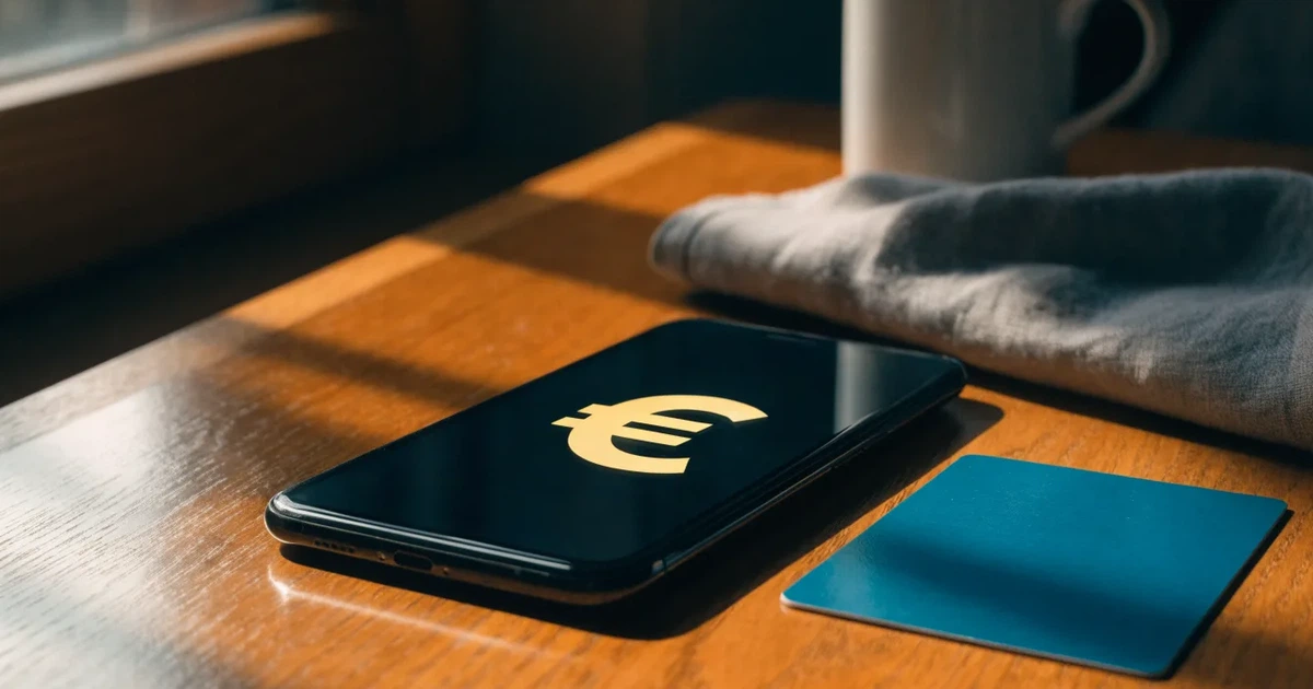 Uno smartphone e una carta di pagamento affiancati su un tavolo di legno, con alcune banconote da euro accanto
