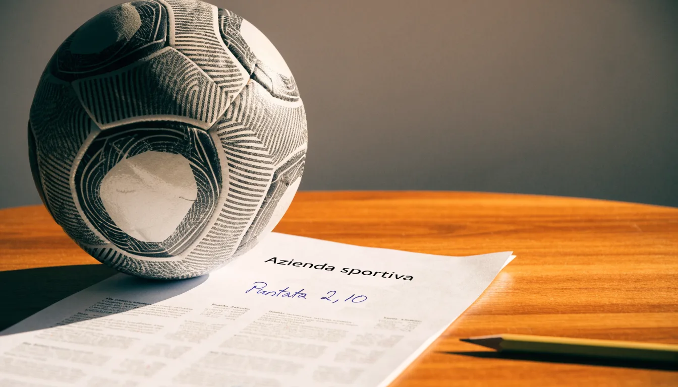 Un pallone da calcio appoggiato su una schedina bianca su un tavolo di legno, alla luce del giorno