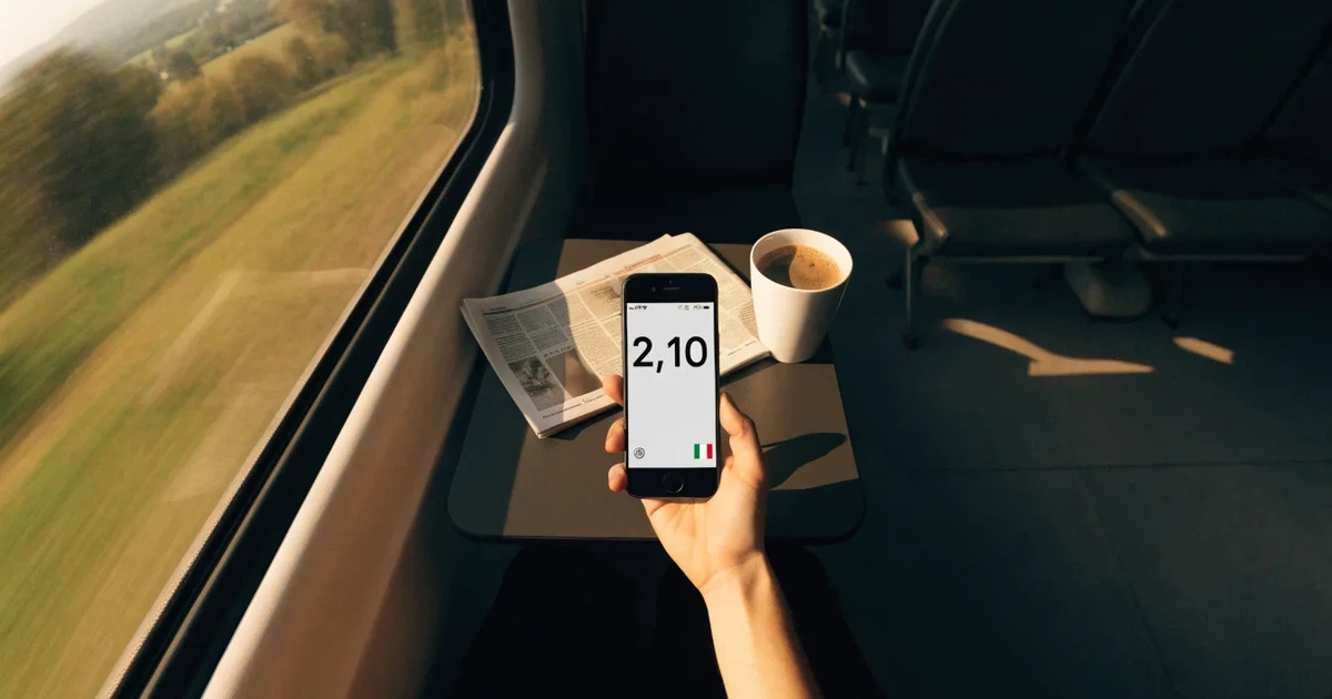 Una mano che tiene uno smartphone con una scommessa sullo schermo, su un treno nel tardo pomeriggio
