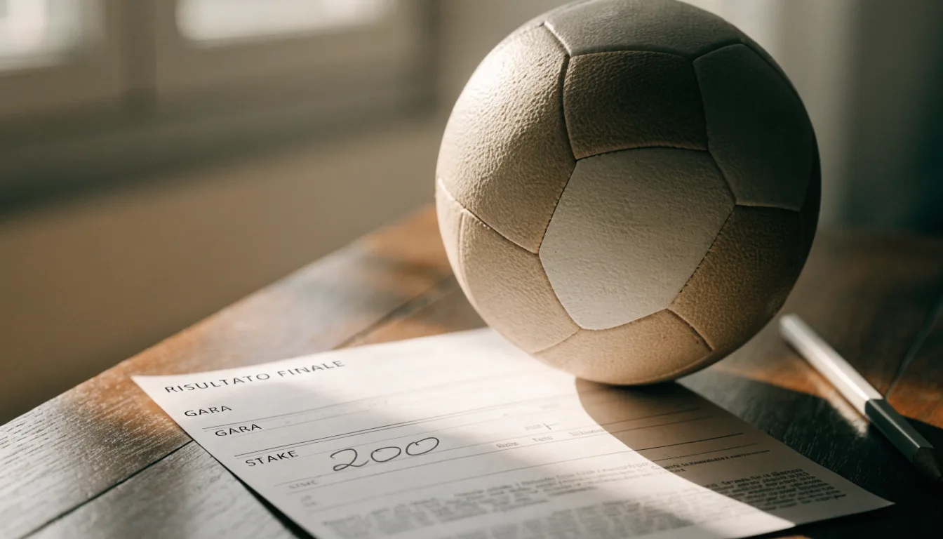 Un pallone da calcio appoggiato su una schedina bianca su un tavolo di legno, alla luce del giorno