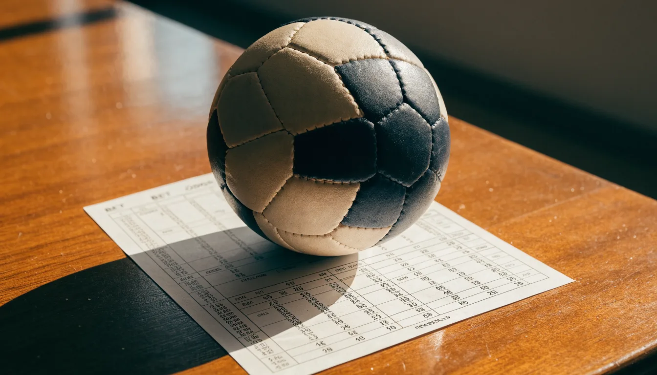 Un pallone da calcio appoggiato su una schedina bianca su un tavolo di legno, alla luce del giorno