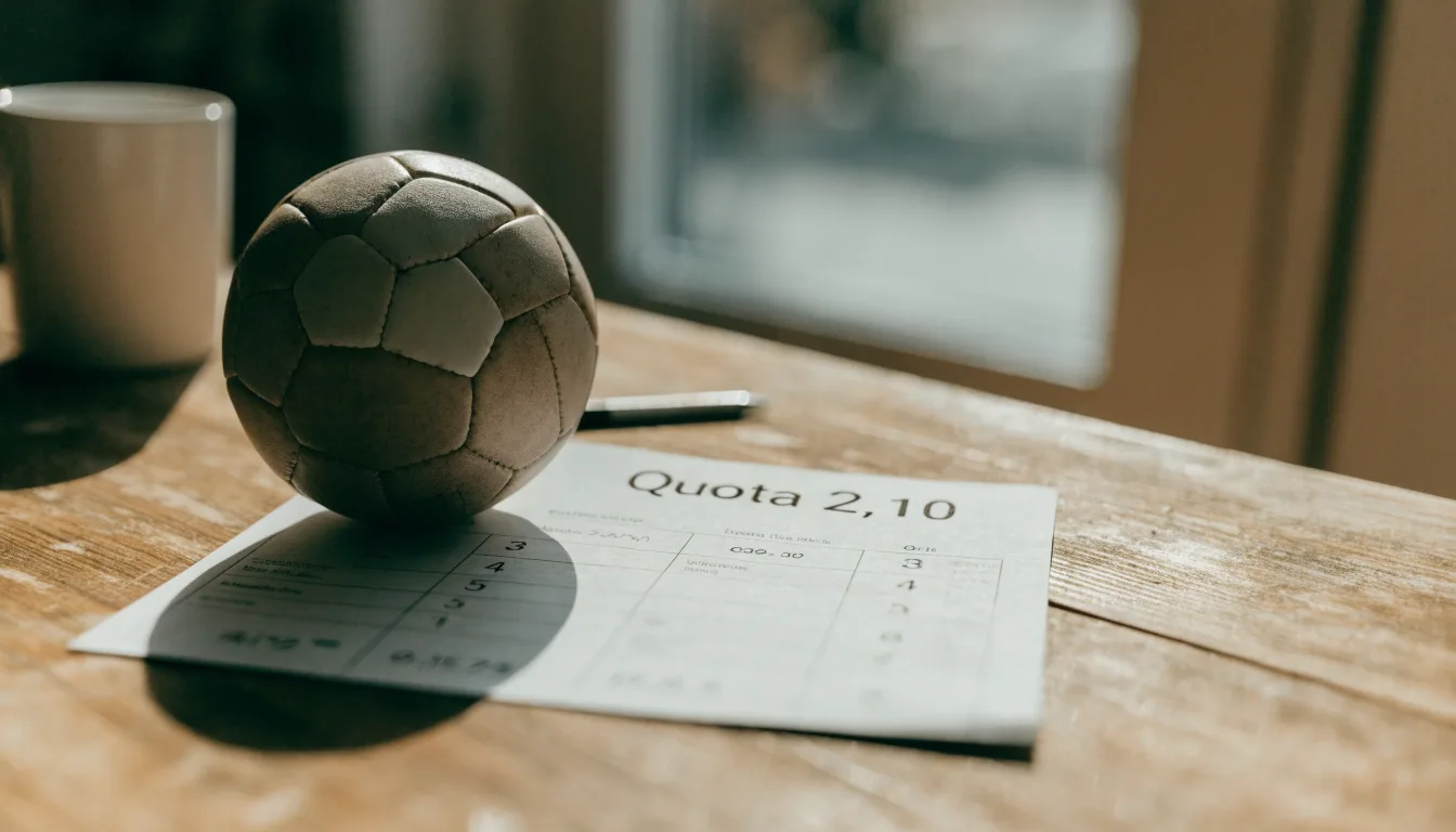 Un pallone da calcio appoggiato su una schedina bianca su un tavolo di legno, alla luce del giorno