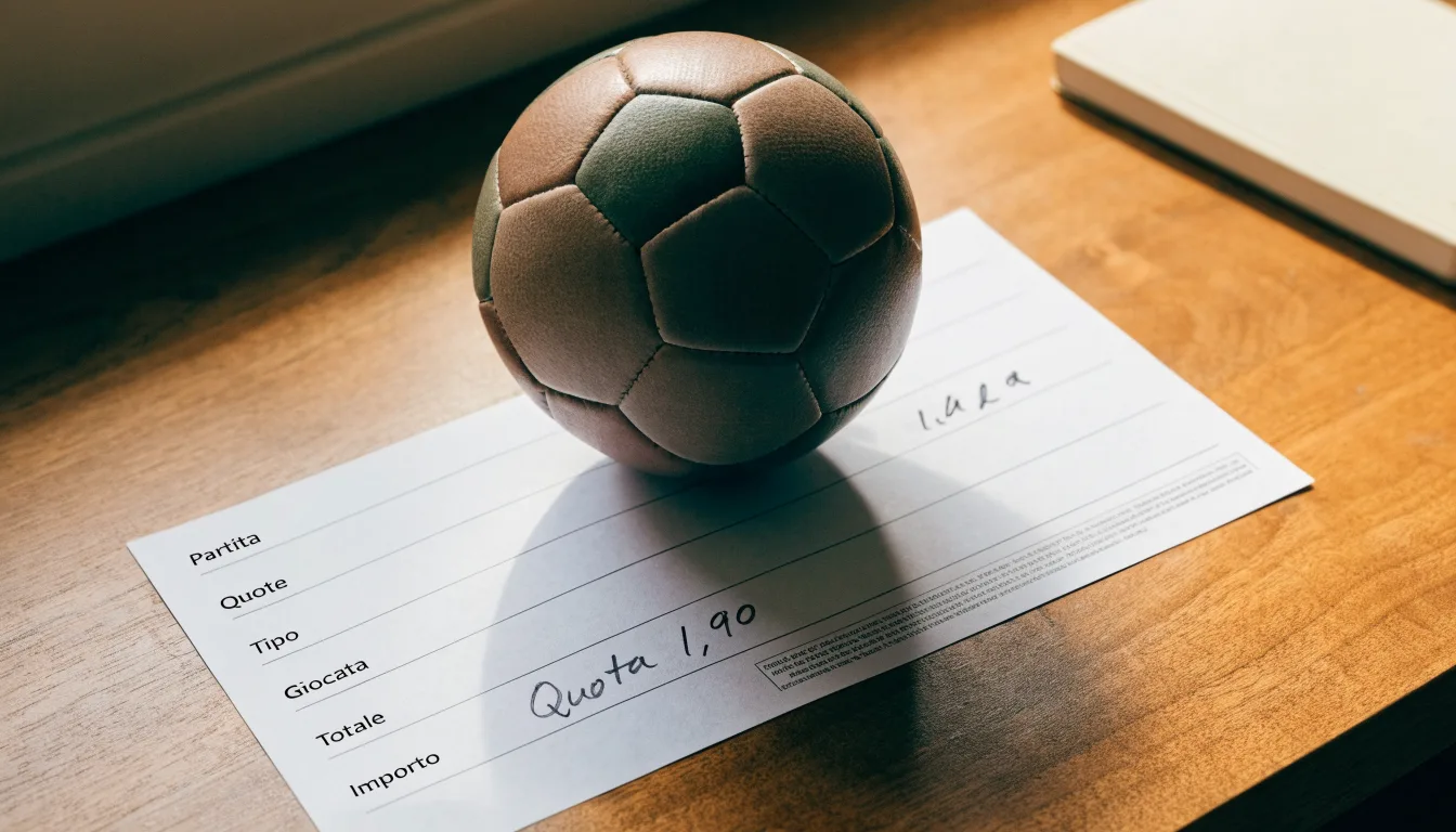 Un pallone da calcio appoggiato su una schedina bianca su un tavolo di legno, alla luce del giorno
