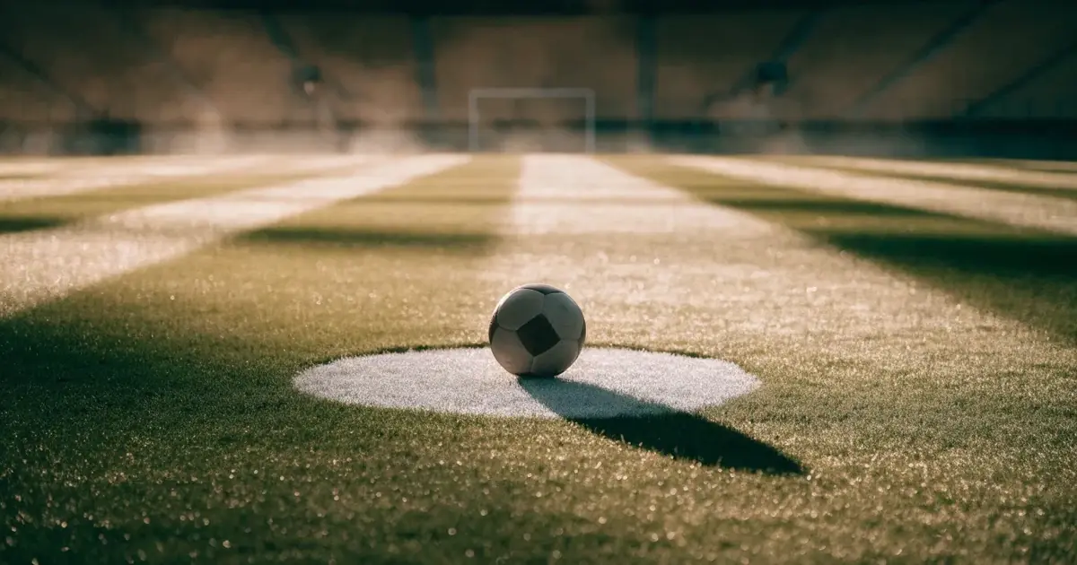 Un pallone da calcio sul dischetto del centrocampo di un prato, alla luce del mattino