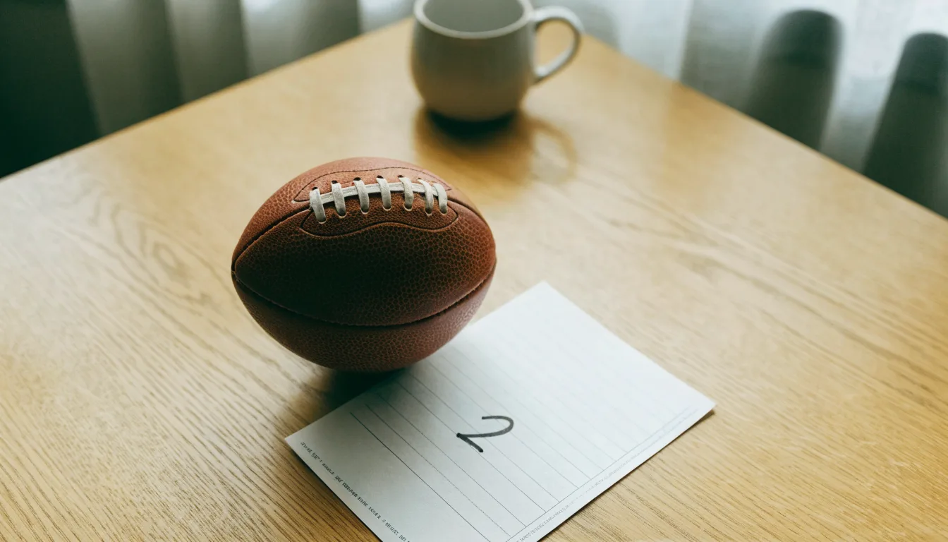 Un pallone da calcio appoggiato su una schedina bianca su un tavolo di legno, alla luce del giorno