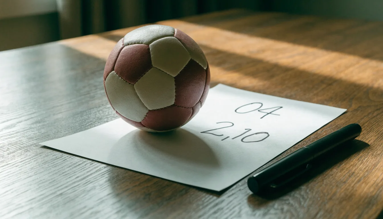 Un pallone da calcio appoggiato su una schedina bianca su un tavolo di legno, alla luce del giorno