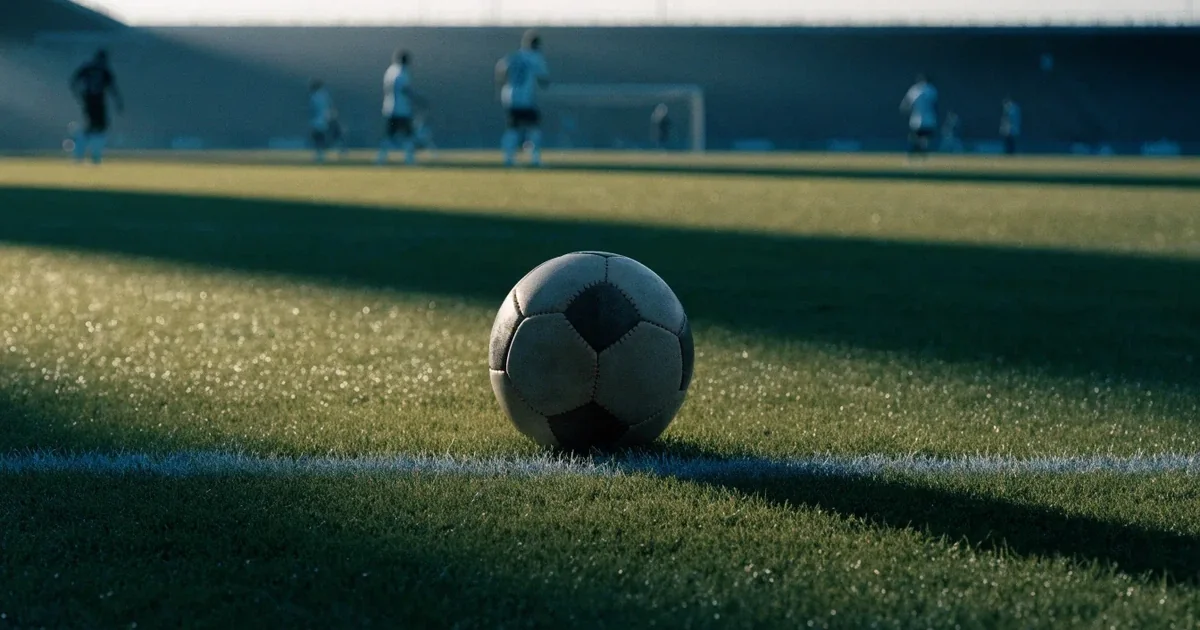 Un pallone da calcio sul dischetto del centrocampo di un prato, alla luce del mattino