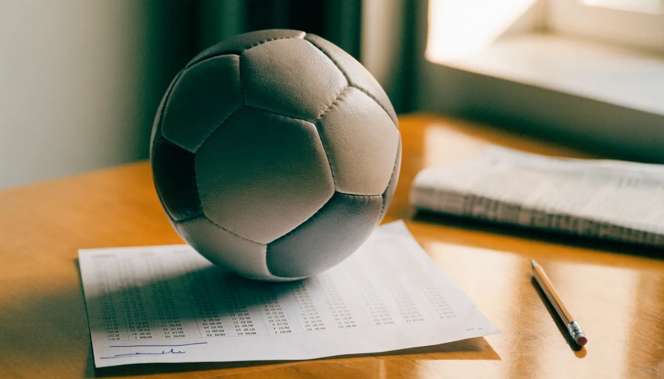 Un pallone da calcio appoggiato su una schedina bianca su un tavolo di legno, alla luce del giorno