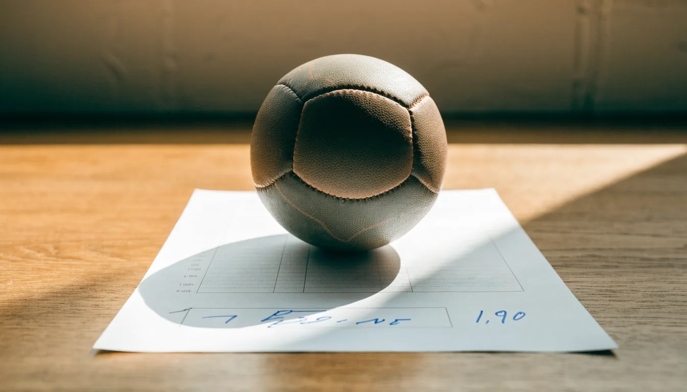 Un pallone da calcio appoggiato su una schedina bianca su un tavolo di legno, alla luce del giorno