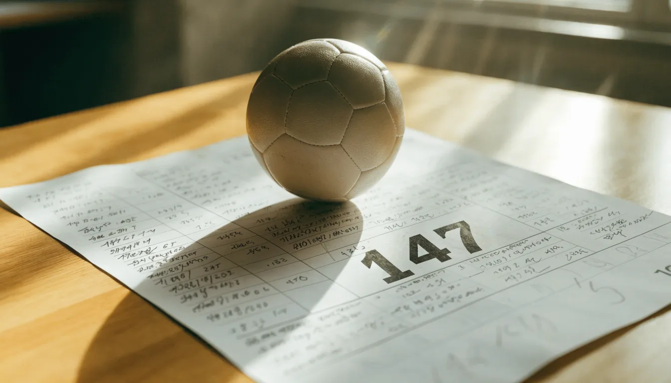 Un pallone da calcio appoggiato su una schedina bianca su un tavolo di legno, alla luce del giorno